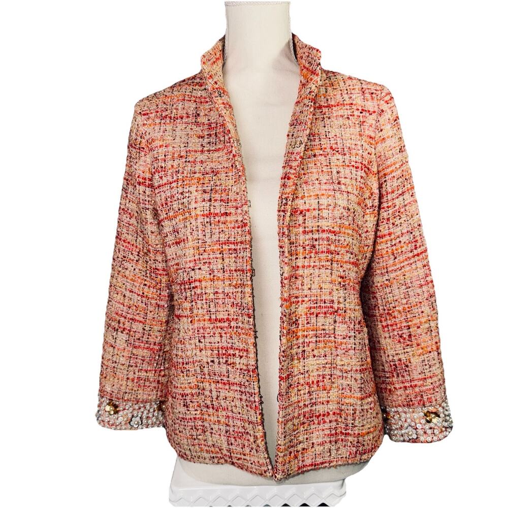 Chico's Size 0 (4/6) Embellished Pearls Tweed Woven Jacket Coral 3/4 Sleeve Coat - Picture 6 of 11